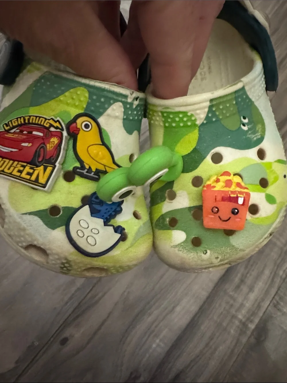 CROCS Kids Green Camo Slip-On Clogs with Character Jibbitz 6